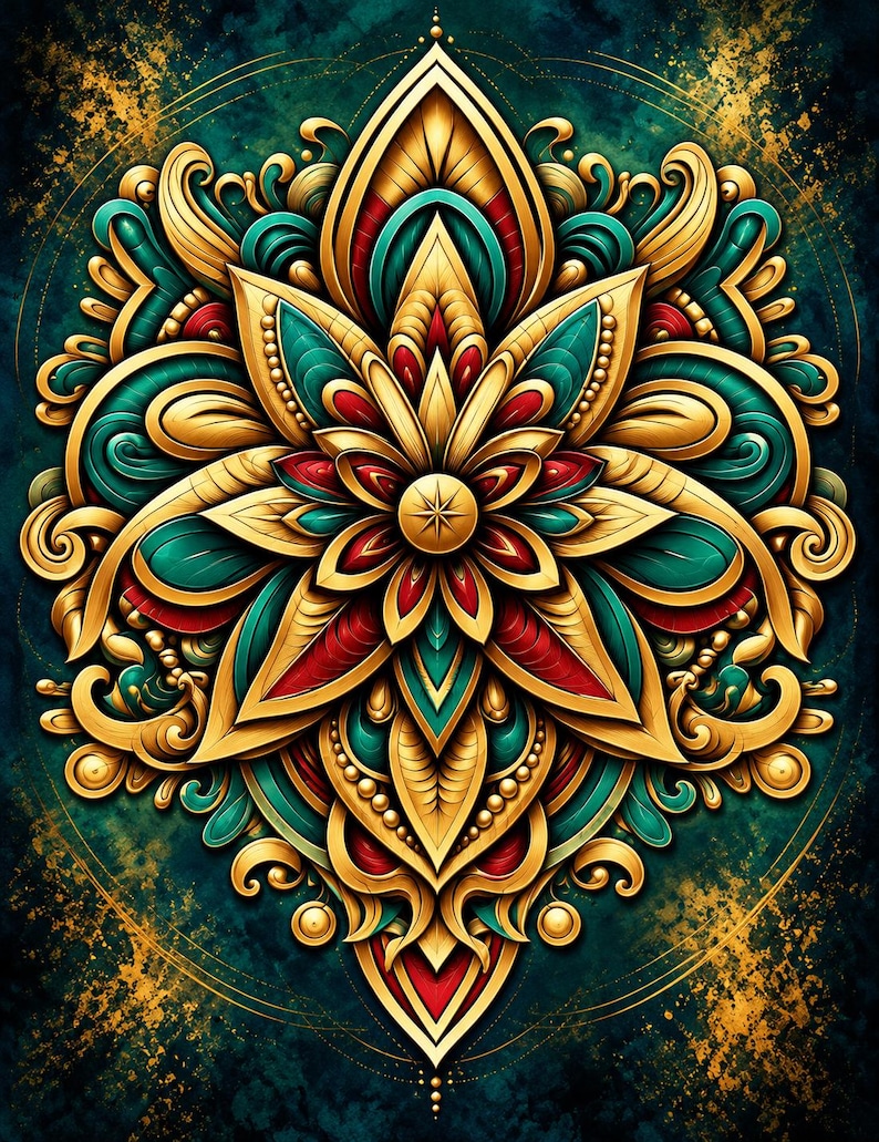 May include: A symmetrical mandala illustration featuring a central star motif surrounded by layered, pointed petals in gold, deep teal, and crimson red. The intricate design includes swirling filigree accents and beaded details.