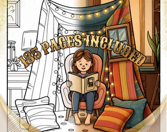 May include: A split-style illustration featuring a line-art coloring page on the left and a colored version on the right, showing a person reading a book inside a blanket fort with string lights, pillows, and the text 135 PAGES INCLUDED.
