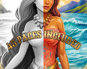 May include: A split-view illustration featuring a black and white line art character on the left and a full-color painted version on the right, both wearing a necklace and patterned dress. The text 45 PAGES INCLUDED is centered over the image.