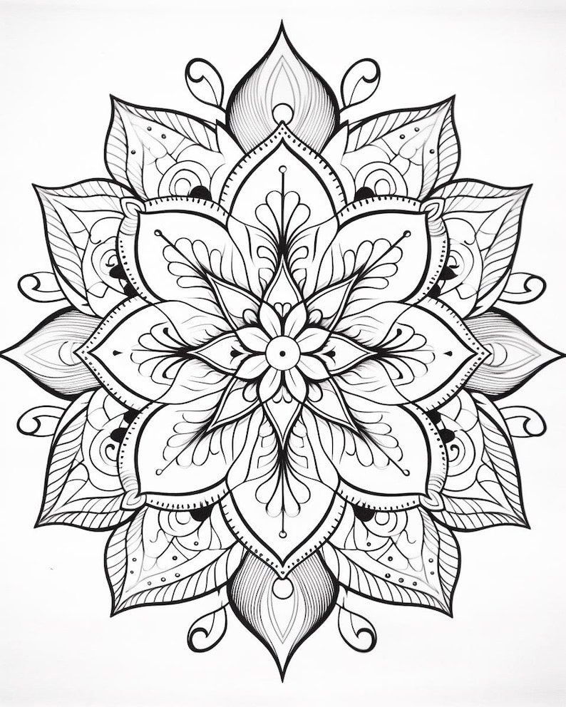 May include: A black and white line art drawing of a symmetrical mandala featuring a central flower surrounded by multiple layers of intricate, pointed petals, curved flourishes, and small circular accents arranged in a radial pattern.