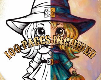 May include: A split-view illustration of a character dressed as a witch, featuring a black-and-white line art side and a full-color painted side. The character wears a pointed hat, a dress, and holds a pumpkin. The text 100 PAGES INCLUDED is centered.