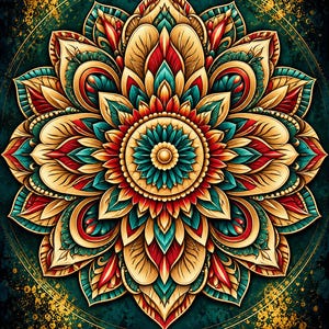 May include: A circular mandala design featuring symmetrical layers of petal-like shapes in shades of gold, deep red, and teal. The central core is a small gold circle surrounded by teal and red accents, set against a dark teal background with gold splatter.