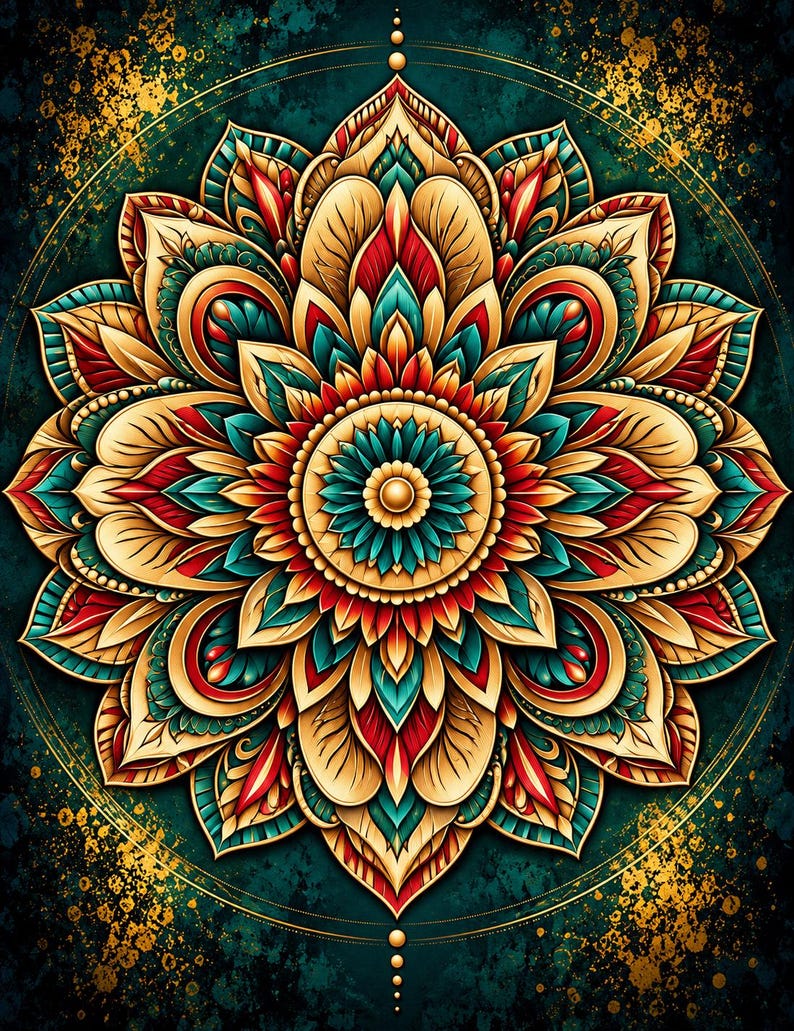 May include: A circular mandala design featuring symmetrical layers of petal-like shapes in shades of gold, deep red, and teal. The central core is a small gold circle surrounded by teal and red accents, set against a dark teal background with gold splatter.
