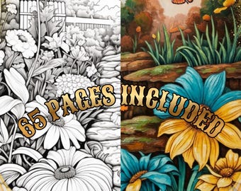 May include: A split-view coloring book page featuring a black and white line art garden scene on the left and a full-color version on the right. The image displays flowers, a fence, and a butterfly, with the text 65 PAGES INCLUDED overlaid.