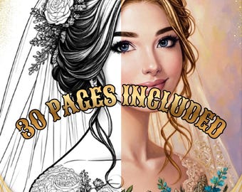 Wedding Bride Coloring Book, Romantic Floral Portraits, Stress Relief (30 Pages) (Digital Download)