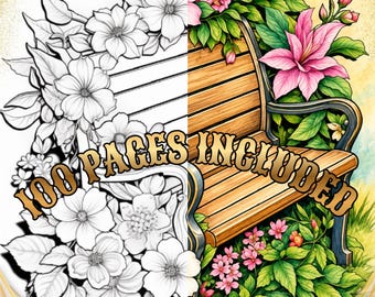 May include: A split-view illustration featuring a black and white line art drawing of a wooden park bench surrounded by flowers on the left, and a full-color version on the right. The text 100 PAGES INCLUDED is overlaid across the center.