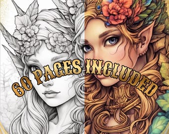 May include: A split-view coloring book page featuring an elf-like character with long wavy hair and a floral headpiece. The left side is a black and white line drawing, while the right side is fully colored. The text 60 PAGES INCLUDED is centered.