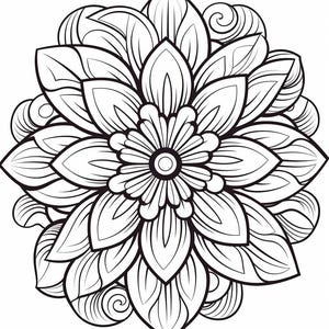May include: A black and white line art illustration of a symmetrical flower mandala. The design features a central circular core surrounded by multiple layers of pointed, overlapping petals and swirling leaf-like patterns.