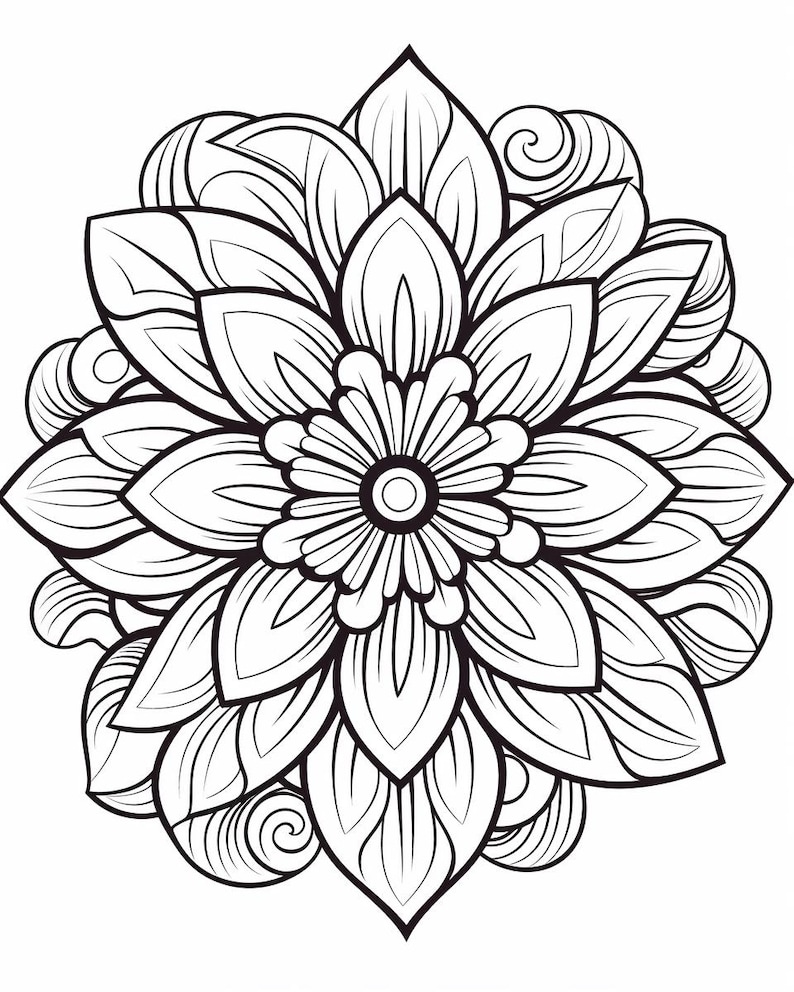 May include: A black and white line art illustration of a symmetrical flower mandala. The design features a central circular core surrounded by multiple layers of pointed, overlapping petals and swirling leaf-like patterns.