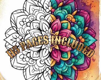 May include: A split-design mandala illustration featuring a black and white line art half on the left and a vibrant, multi-colored watercolor half on the right. The text 115 PAGES INCLUDED is overlaid across the center in a bold, gold-toned font.