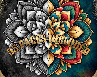 May include: A split-design mandala graphic featuring a grayscale side and a vibrant side with teal, red, and gold petals. The text 55 PAGES INCLUDED is written in gold across the center of the symmetrical floral pattern against a dark background.