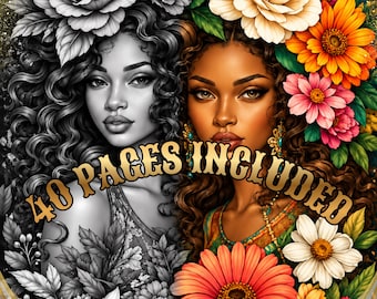 May include: A split-view illustration featuring a grayscale portrait on the left and a full-color portrait on the right, both depicting individuals with curly hair adorned with flowers. The text 40 PAGES INCLUDED is centered across the image.