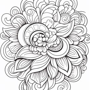 May include: A black and white line art illustration featuring a central cluster of rounded, petal-like shapes surrounded by intricate, swirling organic patterns and curved lines that radiate outward in a dense, symmetrical floral-inspired design.