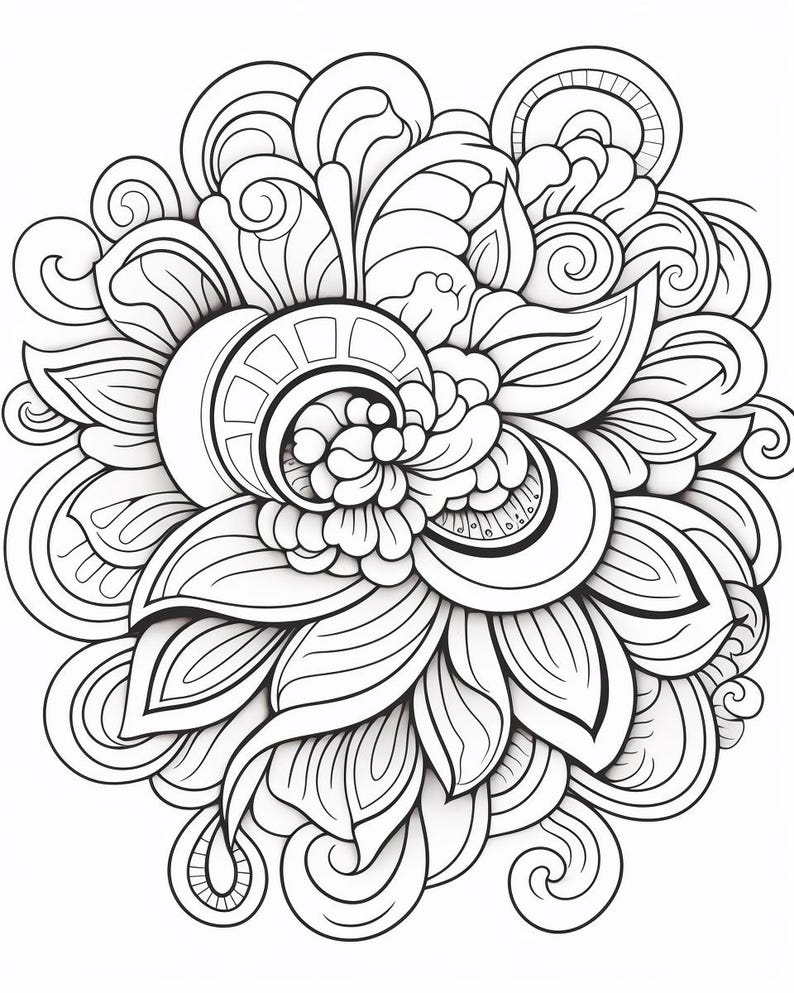 May include: A black and white line art illustration featuring a central cluster of rounded, petal-like shapes surrounded by intricate, swirling organic patterns and curved lines that radiate outward in a dense, symmetrical floral-inspired design.