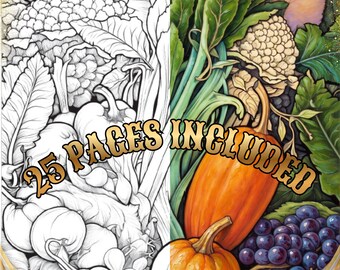 May include: A split-view illustration featuring a black and white line art drawing on the left and a full-color painted version on the right, depicting a harvest of vegetables and fruits including pumpkins, grapes, and leafy greens with the text 25 PAGES INCLUDED.