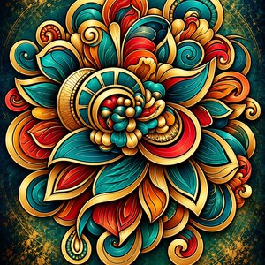 May include: A circular digital illustration featuring a dense arrangement of overlapping petal-like shapes in vibrant shades of teal, red, and orange, all outlined with thick, metallic gold borders against a dark, textured teal background.