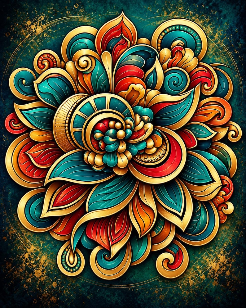 May include: A circular digital illustration featuring a dense arrangement of overlapping petal-like shapes in vibrant shades of teal, red, and orange, all outlined with thick, metallic gold borders against a dark, textured teal background.