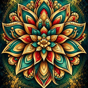 May include: A circular mandala design featuring layered, symmetrical petals in shades of gold, teal, and red. The intricate floral pattern is set against a dark, textured teal background with gold paint splatters and a thin gold circular border.