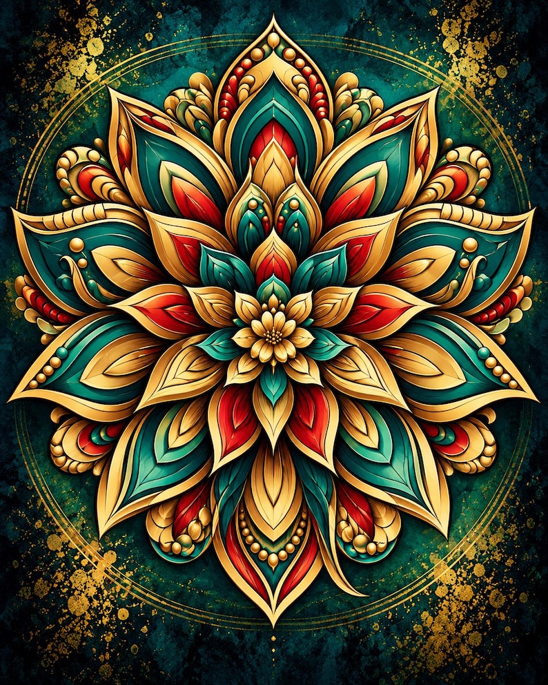 May include: A circular mandala design featuring layered, symmetrical petals in shades of gold, teal, and red. The intricate floral pattern is set against a dark, textured teal background with gold paint splatters and a thin gold circular border.
