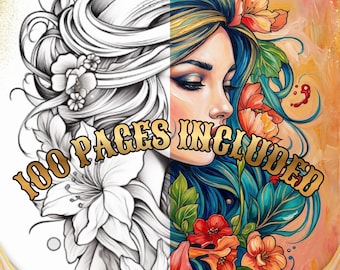 May include: A split-view illustration featuring a black and white line art drawing on the left and a vibrant, full-color version on the right, depicting a person with flowing hair adorned with flowers. The text 100 PAGES INCLUDED is centered.