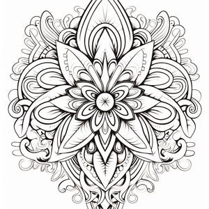 May include: A black and white line art illustration featuring a symmetrical floral mandala design. The central flower is surrounded by intricate, layered petal shapes, swirling organic curves, and pointed geometric elements.