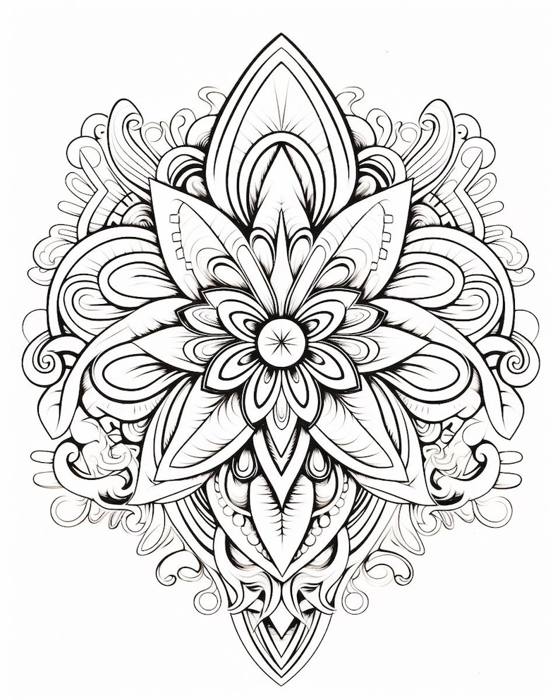 May include: A black and white line art illustration featuring a symmetrical floral mandala design. The central flower is surrounded by intricate, layered petal shapes, swirling organic curves, and pointed geometric elements.