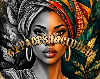 May include: A digital illustration of a face split between grayscale and vibrant colors, featuring a headwrap, gold hoop earrings, and leafy patterns. The text 62 PAGES INCLUDED is centered across the image, which is framed by gold glitter accents.