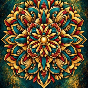 May include: A symmetrical mandala design featuring a central gold sphere surrounded by layered petals in shades of teal, deep red, and metallic gold. The intricate pattern radiates outward with curved shapes and pointed edges on a dark teal background.