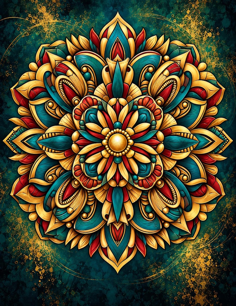 May include: A symmetrical mandala design featuring a central gold sphere surrounded by layered petals in shades of teal, deep red, and metallic gold. The intricate pattern radiates outward with curved shapes and pointed edges on a dark teal background.