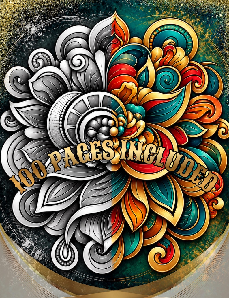 May include: A circular graphic design featuring a split composition. The left side displays intricate grayscale floral patterns, while the right side shows the same design in vibrant teal, orange, and red. The text 100 PAGES INCLUDED is centered.