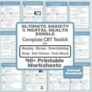 Puede incluir: Un conjunto de más de 40 hojas de trabajo imprimibles para la salud mental. El paquete incluye hojas de trabajo sobre ansiedad, estrés, sobrepensamiento, sueño, autoestima y ataques de pánico. El título dice "Ultimate Anxiety & Mental Health Bundle".