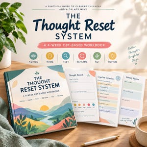 May include: The Thought Reset System, a 4-week CBT-based workbook with a landscape cover illustration of mountains and a river. The set includes open pages showing a Thought Record, Cognitive Distortions list, and a Weekly Review section.