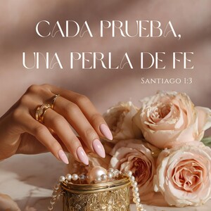 Peut inclure: Une boîte à bijoux dorée avec un collier de perles et des bagues, avec le texte "CADA PRUEBA, UNA PERLA DE FE" et "SANTIAGO 1:3". La boîte est ornée et les perles sont blanches. Des roses roses sont en arrière-plan.