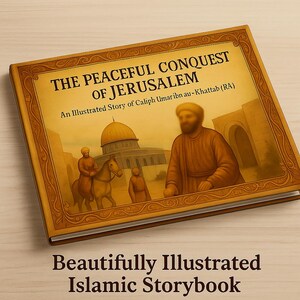 May include: A hardcover book titled "THE PEACEFUL CONQUEST OF JERUSALEM" with an illustration of a historical scene. The book cover features text and an image of a man and a building. The text "Beautifully Illustrated Islamic Storybook" is at the bottom.