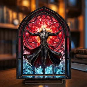 May include: A gothic-style wooden panel featuring a stained-glass design with a vampire figure. The artwork showcases a figure with long blonde hair, a black coat, and a red interior. The background is a vibrant red and blue stained-glass window.