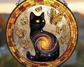 Magical Black Cat Stained Glass Suncatcher with Butterfly: Perfect Gift for Cat Lovers Home Decor, Decor Gift For Cat Lovers,Cat Owner Gift