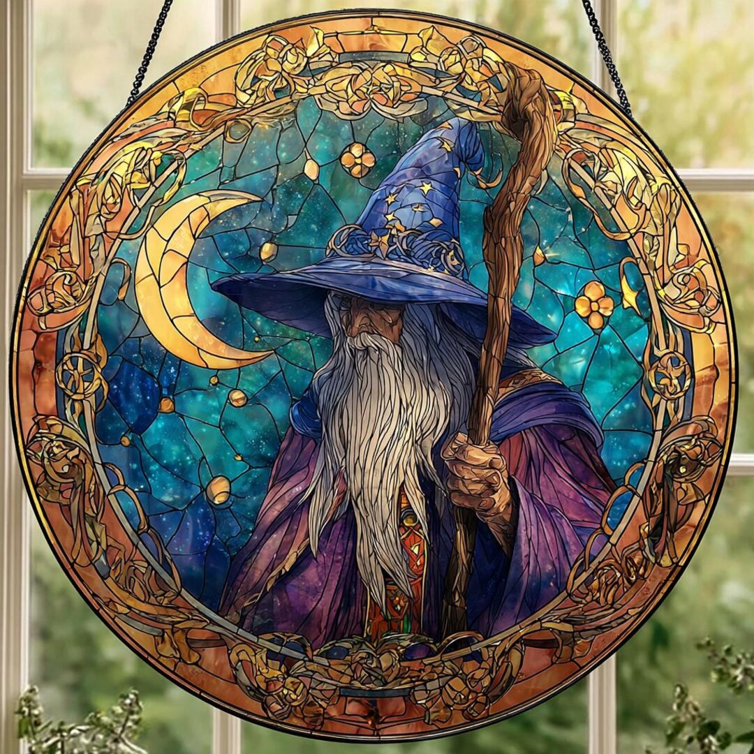 Wizard With a Crescent Moon: Stained Glass Style Window Hanging, Wizard ...
