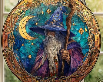 Mago con luna creciente: Vidriera colgante estilo vitral, panel de vitral de mago con bastón de cristal encantado y túnica púrpura.