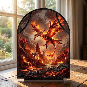 May include: A decorative wooden panel featuring a fiery dragon soaring over a volcanic landscape. The artwork is dominated by shades of red, orange, and black, with a detailed depiction of flames and lava. The panel is set in a dark wooden frame.