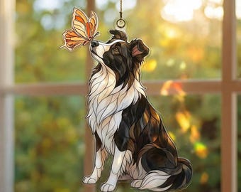 Atrapasueños de acrílico Border Collie: decoración colgante para ventana con forma de perro, atrapasol con forma de mariposa para perro, regalo para amantes de las mascotas, arte acrílico para ventana, regalo conmemorativo para mascotas