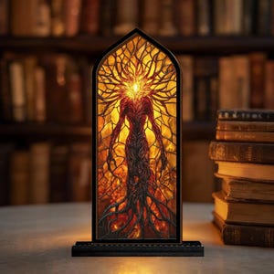 May include: A stained glass panel depicting a humanoid figure with a tree-like design. The figure is red and orange, with a bright light emanating from its head. The panel is set in a black frame and sits on a black base.