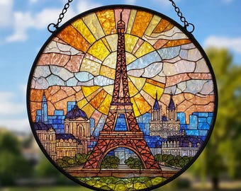 Eiffel Tower Faux Stained Glass Suncatcher: Eiffel Tower Window Hanger, Night City Skyline Decor,Eiffel Tower Print Decor,France Lover Gifts