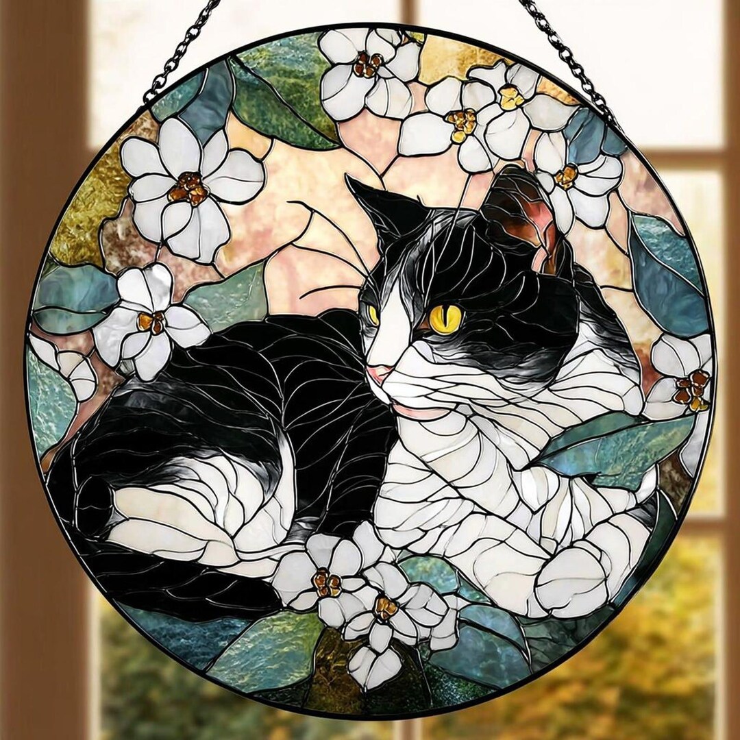 Tuxedo Cat Suncatcher: Black and White Cat Window Hanging, Floral Cat ...