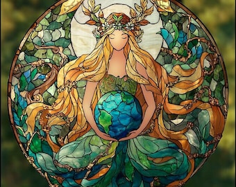 Attrape-soleil, déesse de la Terre mère : tenture acrylique en faux vitrail, décoration de Noël, cadeau de décoration spirituelle nature pour les amoureux de l'environnement