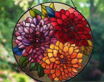 Dahliafärgad solfångare: Fantastisk vacker blomsterdekoration, rund blommig fönsterpanel med blommande blommor och blad, blomstergåva