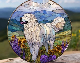 Great Pyrenees Dog Window Suncatcher: Dog Breed Lover Gift, Unique Pet Memorial Glass Art, Sunflower Decor Gift, Gifts For Her, Him, Mom,Dad