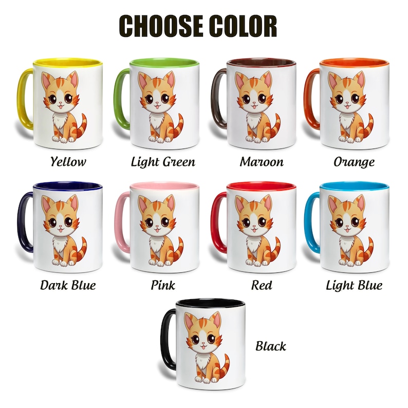 Puede incluir: Colecci&oacute;n de tazas de cer&aacute;mica blanca con asas e interiores de colores. Cada taza presenta una ilustraci&oacute;n de un gato atigrado naranja de dibujos animados. Los colores disponibles son amarillo, verde claro, granate, naranja, azul oscuro, rosa, rojo, azul claro y negro.