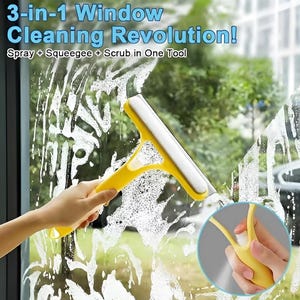 May include: A yellow 3-in-1 window cleaning tool with a spray, squeegee, and scrub function. The tool is being used to clean a window, with the text "3-in-1 Window Cleaning Revolution!" visible.