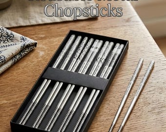 Reusable Metal Chopsticks 5 Pairs, 9.25 Inches Elegant Gift Set
