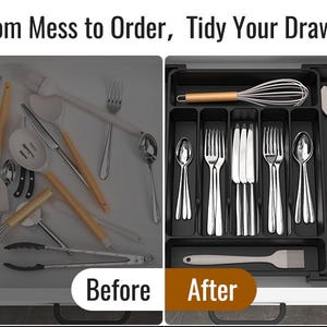 Puede incluir: Comparaci&oacute;n del antes y el despu&eacute;s de un caj&oacute;n de cocina. A la izquierda, un caj&oacute;n desordenado con utensilios, a la derecha, un caj&oacute;n organizado con cubiertos y herramientas de cocina. El texto dice: "Del desorden al orden, ordena tu caj&oacute;n."